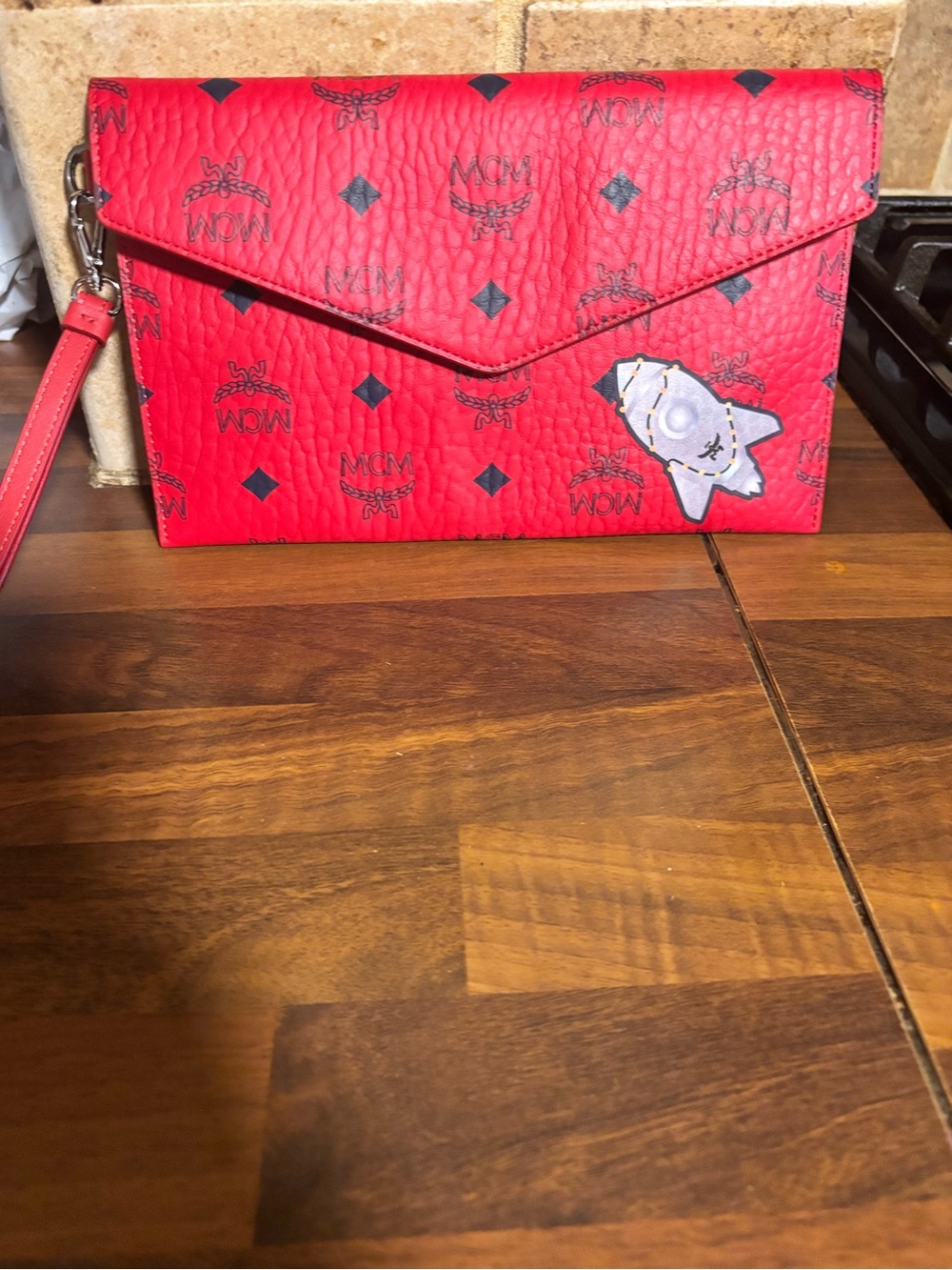 MCM Red Logo Envelope Clutch with Star Patch